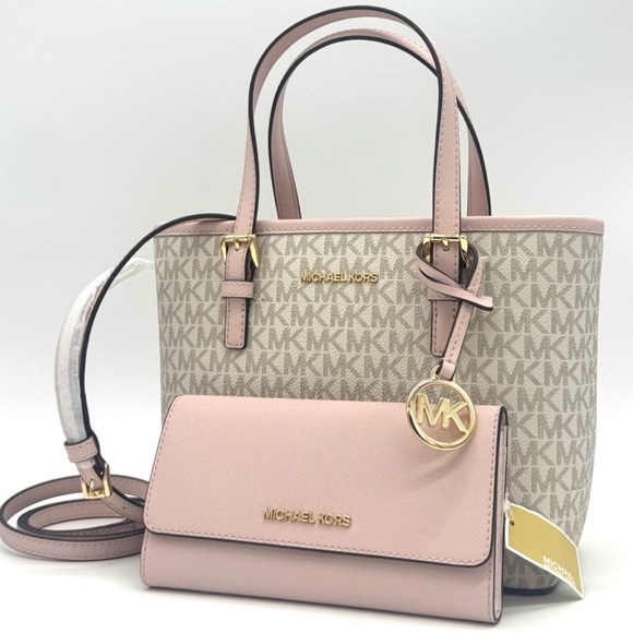 Michael Kors Handbags - Michael Kors Jet Set Travel Top-Zip Tote Bag & Trifold Wallet Powder Blush Set